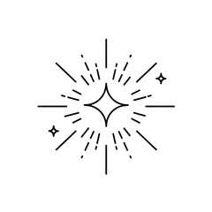 Minimalist black line starburst icon with sparkles on a white background.