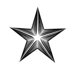 A black and white geometric star with layered, linear patterns radiating from the center, creating a bold, modern visual effect.