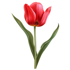 Red Tulip Flower with Green Leaves Isolated on White Background

