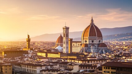 Fototapeta premium Florence's iconic Duomo glowing in soft dawn light, intricate patterns on its facade catching golden hues, serene atmosphere, panoramic cityscape view. 