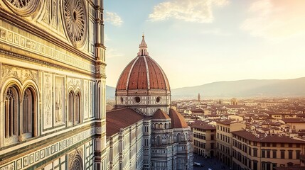 Fototapeta premium Florence's iconic Duomo glowing in soft dawn light, intricate patterns on its facade catching golden hues, serene atmosphere, panoramic cityscape view. 