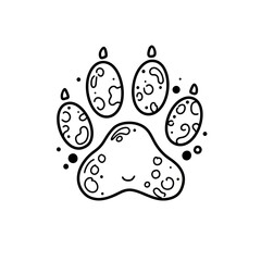 Simple black and white doodle of an animal paw print with circular patterns and dots on a white background.
