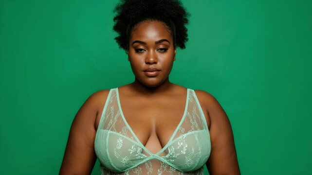 Confident curvy woman in sheer mint lingerie against a green background