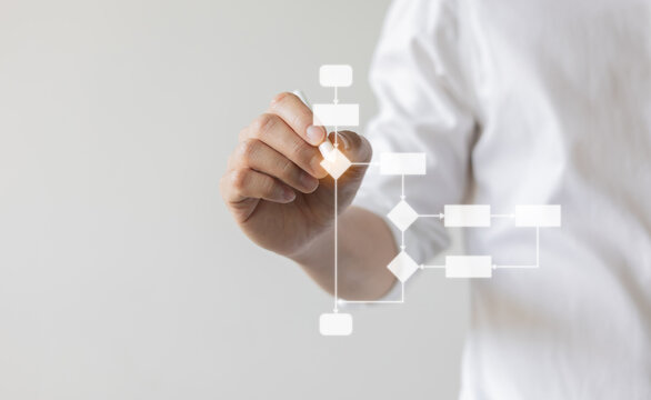 close up programmer engineer hand use stylus pen to write and plan about progress or procedure of strategy and resolve with virtual flowchart diagram for business plan and performance concept