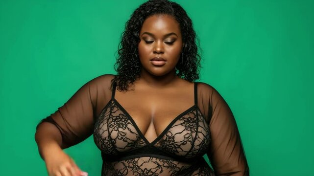 Curvy African woman posing confidently in sheer lingerie against a green background