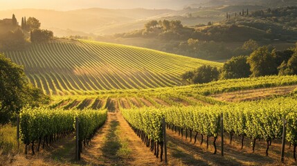 Naklejka premium Lush vineyard rows stretch across rolling hills at sunrise