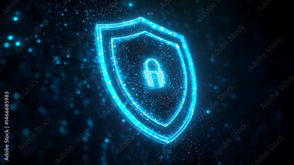 Poster a futuristic, glowing shield icon with a lock symbol in the center, representing cybersecurity and d