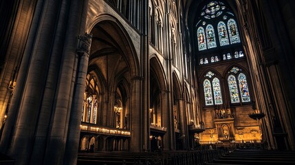 Gloomy cathedral interior, dim candlelight flickers on massive stone pillars, stained glass windows shimmer faintly, spectral figures pray in silence, low-angle perspective emphasizes eerie vastness. 