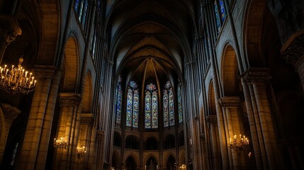 Obraz premium Gloomy cathedral interior, dim candlelight flickers on massive stone pillars, stained glass windows shimmer faintly, spectral figures pray in silence, low-angle perspective emphasizes eerie vastness. 