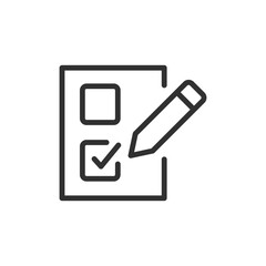 Checklist with pencil, linear icon. Voting form, survey, poll, or task completion. Line with editable stroke.