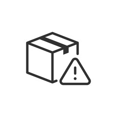 Package with warning sign, linear icon. Problem or issue with parcel delivery. Line with editable stroke.