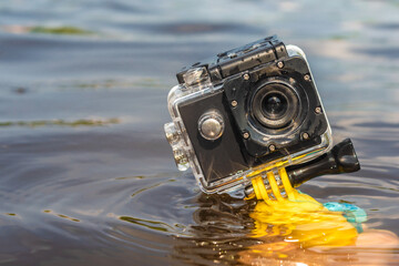 Action camera with a waterproof case in a person's hand over water close-up.