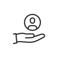 User on hand, linear icon. Customer care and trust. Line with editable stroke.