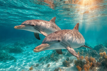 Dolphins Underwater. Two dolphins swim gracefully in crystal-clear