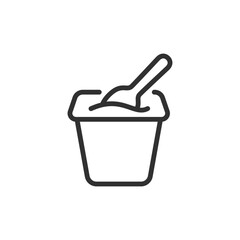 Yogurt cup with spoon, linear icon. Dairy snack or probiotic food. Line with editable stroke.