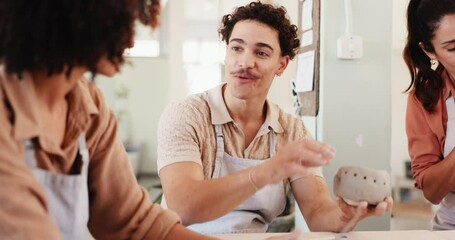 People, talk and craft for pottery class with sculpture design, learning technique and mold process. Man, woman and results for creation production, artwork demonstration and art progress of lesson