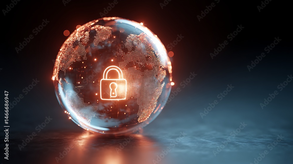 Poster a glowing globe with a padlock icon in the center, symbolizing global cybersecurity