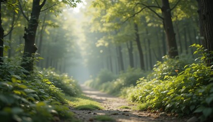 Obraz premium Sunlit Forest Path Beckons with Lush Greenery and Ethereal Mist