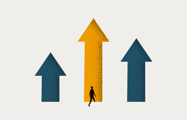 Businessman stepping into the largest of three up arrows, business decision, career opportunity concept, minimal business design.