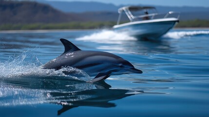 Fototapeta premium Dolphin breaching next to a boat, joyful motion captured from shore with 300mm lens and clear water detail