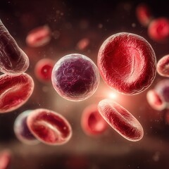 Naklejka premium Hyper macro image of diverse blood cells floating in plasma, showcasing detailed textures and glowing tones in a medically inspired artistic style.