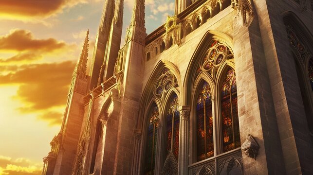 Golden sunset light washes over a medieval cathedral, flying buttresses curve around its massive structure, intricate stained glass windows glow warmly, cinematic framing highlights majesty. 