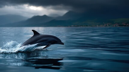 Fototapeta premium Dolphin flipping above water with storm clouds in distance, dramatic wildlife moment frozen