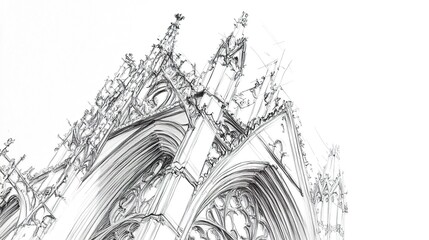 Gothic architecture in pencil, delicate arches and intricate carvings sketched in fine detail, spires rising gracefully, set on a crisp white backdrop. 