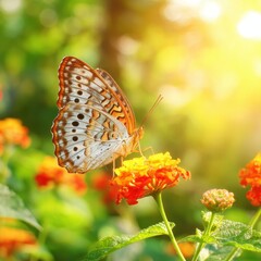 Obraz premium Vibrant Butterfly Resting on Colorful Flower in Sunlight, Natural Garden Scene with Bokeh Effect and Lush Green Background