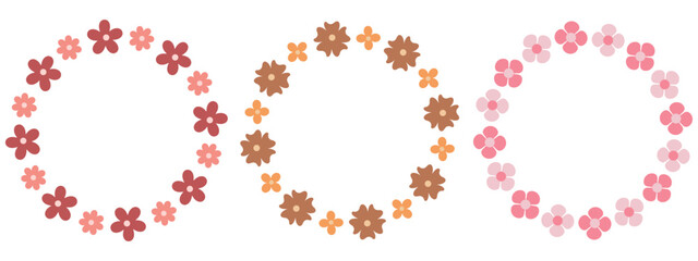 Adorable collection of round floral wreaths in flat style, vector frames are perfect for spring and summer invitations, kids party decor, baby shower cards and fun seasonal designs.