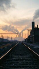 Fototapeta premium Railroad tracks lead to distant factories spewing smoke