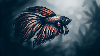 Fototapeta premium A digital painting of a betta fish with flowing fins in a dark and moody setting