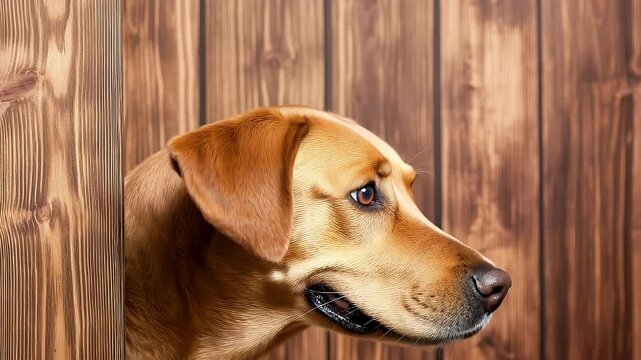 Brown dog looking out with sad facial expression
