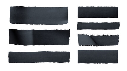 Torn Black Paper Strips: A collection of six realistically rendered torn black paper strips, isolated on a white background, offering versatile design elements for various projects. 