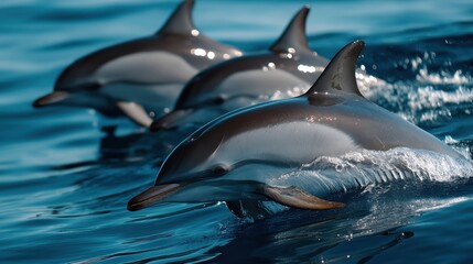 Group of dolphins diving in unison, captured from coastal cliff using telephoto lens for layered ocean texture