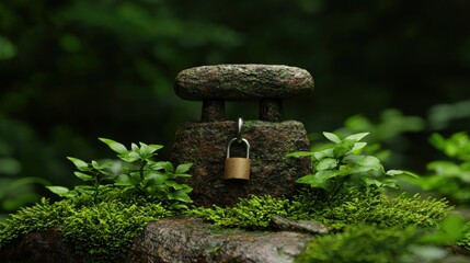 A small, rustic stone structure with a padlock and greenery.
