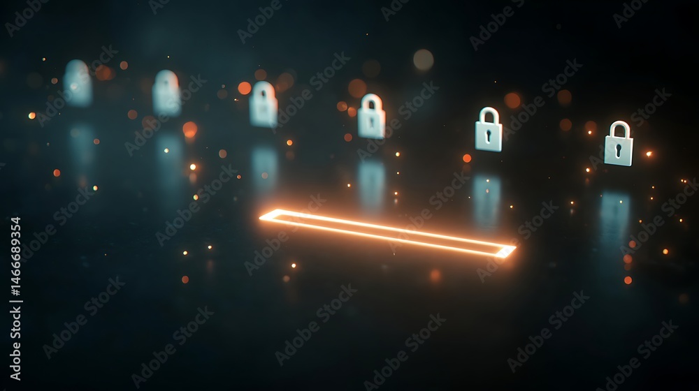 Poster A glowing password field with a, strong password, being entered, surrounded by floating lock icons