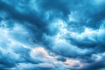 Dramatic blue clouds gathering before a storm over a serene landscape at dusk