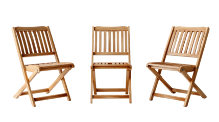 Teak Folding Chairs: Three minimalist teak folding chairs stand side by side against a clean white background, showcasing their simple yet elegant design.