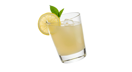 glass of lemonade PNG. Simple glass of refreshing lemonade drink with lemon slice and a leaf isolated. Lemonade drink in glass as refreshment during summer time png
