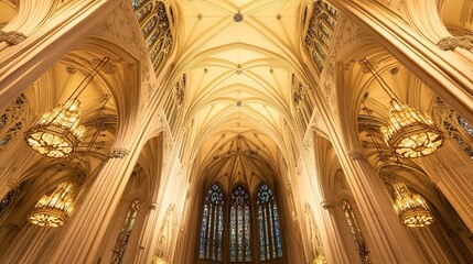 Obraz premium Gothic cathedral interior with soaring pointed arches and detailed ribbed ceilings, warm light enhancing carved details, centered upward perspective. 