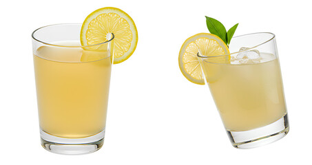 glass of lemonade set png. two glasses of fresh lemonade with lemon slice and leaf isolated. refreshing summer lemonade drink png