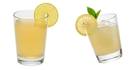 glass of lemonade set png. two glasses of fresh lemonade with lemon slice and leaf isolated. refreshing summer lemonade drink png