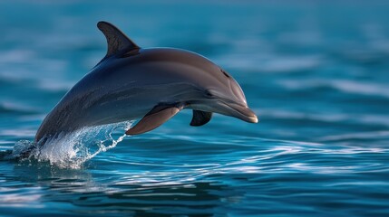Fototapeta premium Playful dolphin twisting mid-air during a spin, frozen in motion with soft blue ocean blur, 300mm telephoto