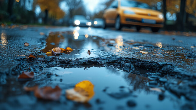 Puddle on wet asphalt road reflecting autumn leaves and cars, close-up of rainy street with yellow taxi in background. Concept of seasonal weather and urban transportation