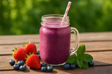 Berry smoothie with strawberry and blueberry in mason glas jar on wooden table outdoors. Fresh smoothie. Healthy lifestyle berry smoothie with fresh fruits and striped straw. Summer drink. Antioxidant