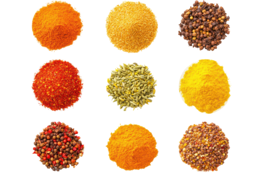 Spice Wheel A vibrant grid of nine diverse seasonings against black