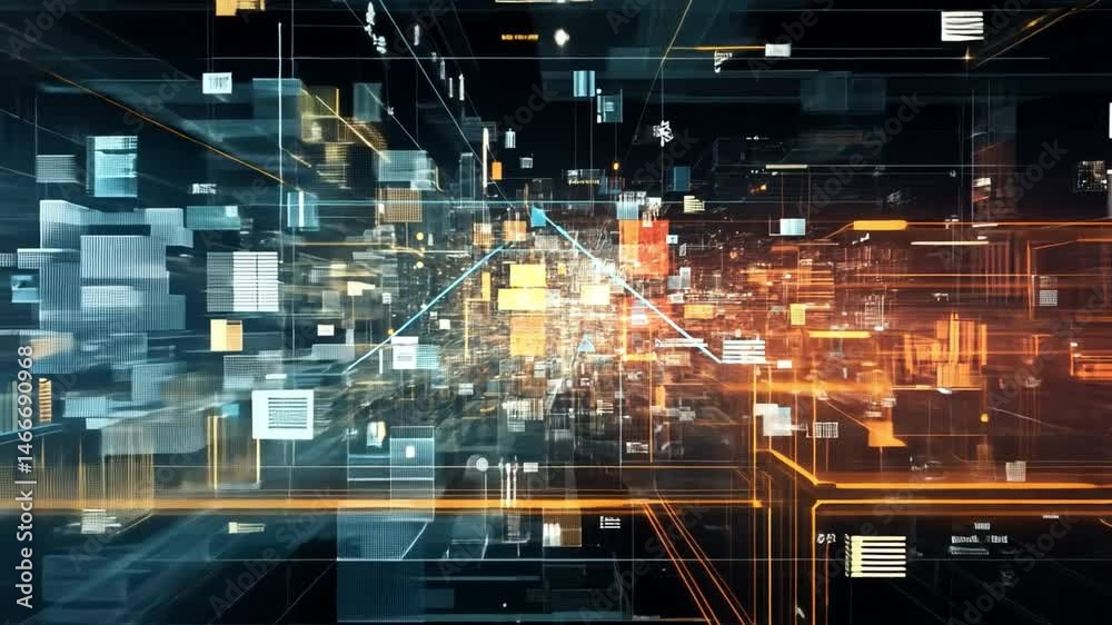 Poster futuristic digital landscape vibrant geometric motion with glowing lines and data streams showcasing