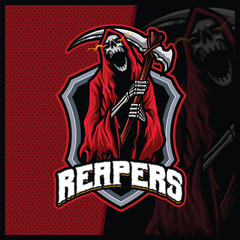 Grim Reaper with scythe in red Hood mascot esport logo design illustrations vector template, Devil Shooter logo for team game streamer youtuber banner twitch discord