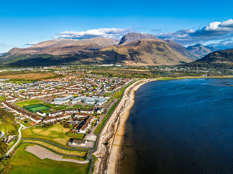 View of Caol Beach and Nevis Range Mountains from a drone, Corpach, Fort William, Highland, Scotland